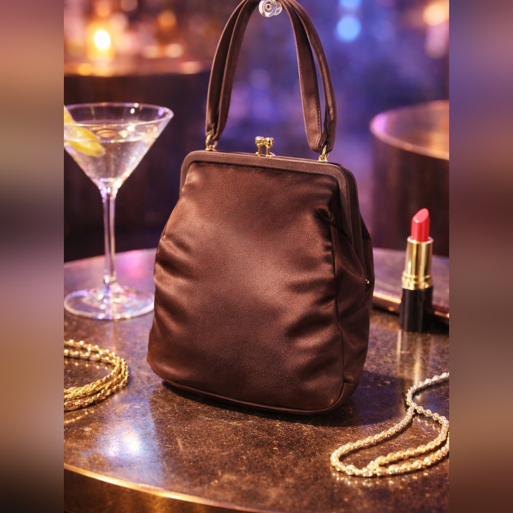 Morris Moskowitz MCM Vintage Brown Satin/Moire Cocktail Purse w/ Coin Purse